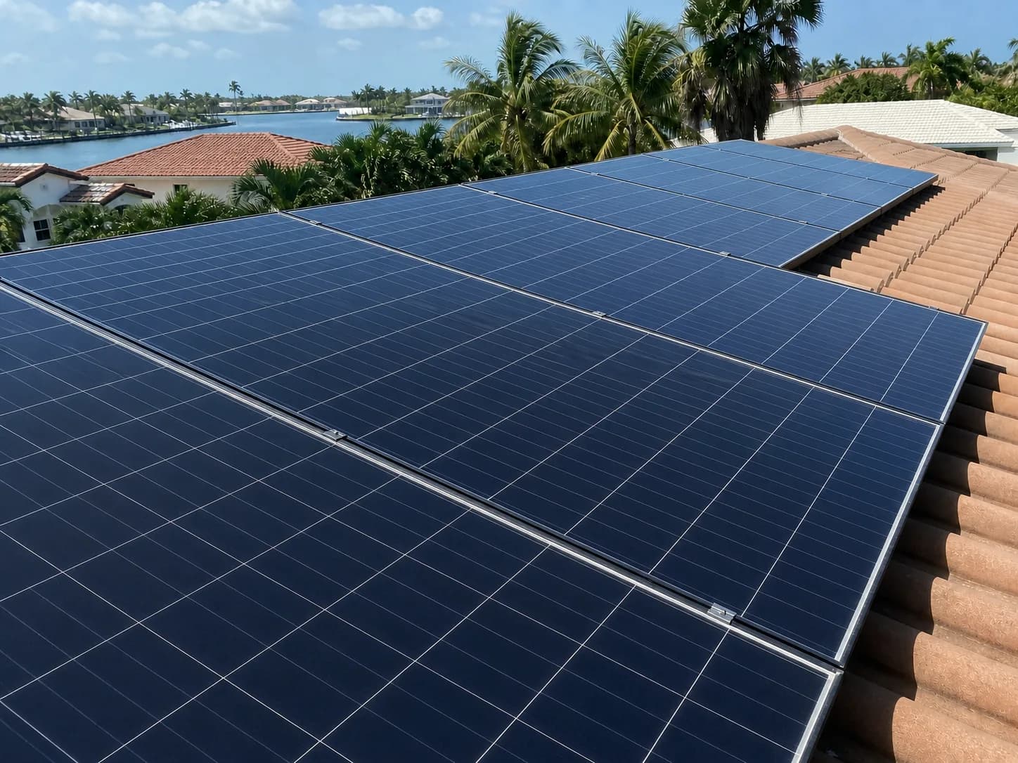 Illustration after solar panel cleaning showing clean rooftop solar panels on a South Florida home