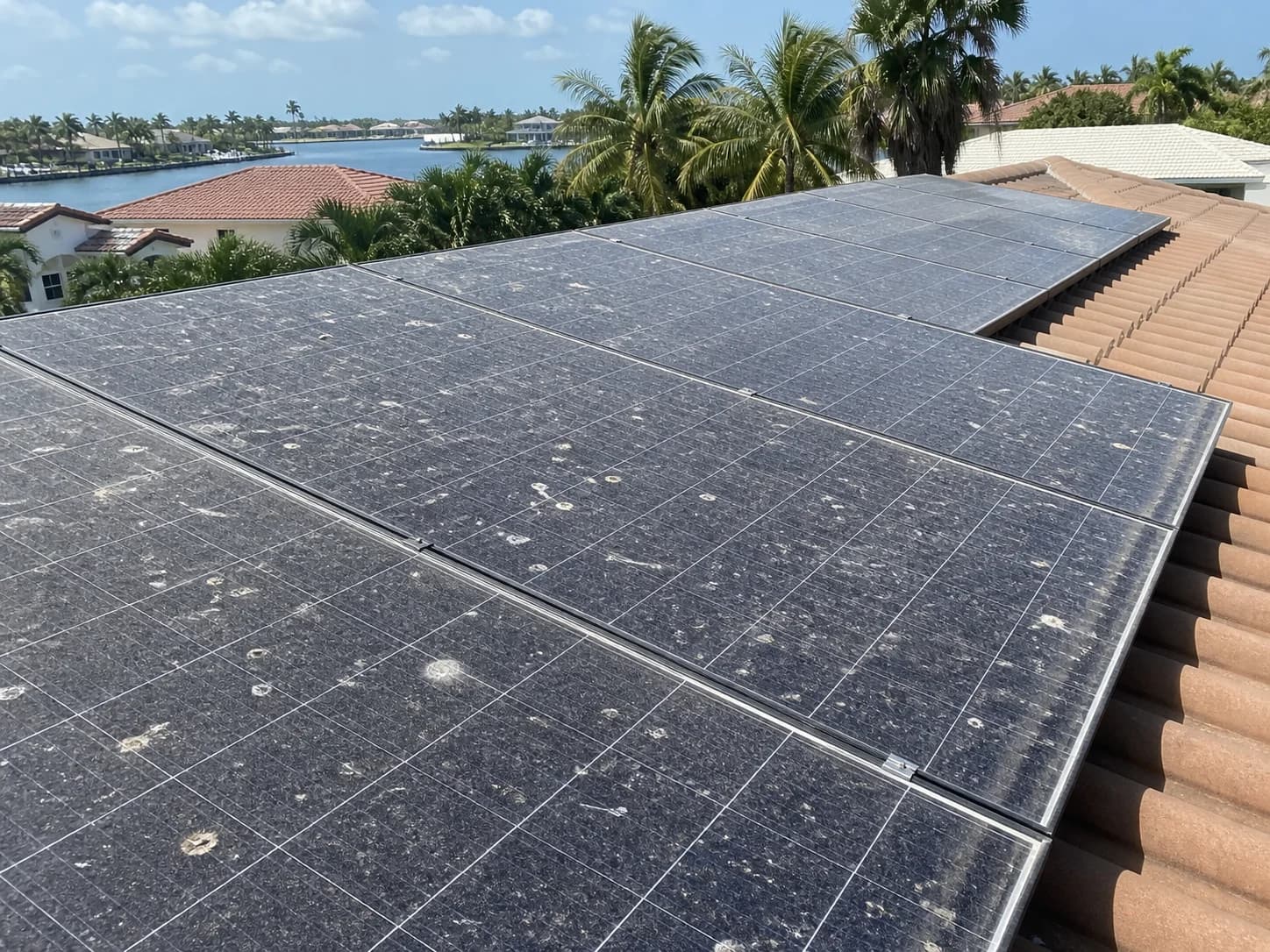 Illustration before solar panel cleaning showing dusty rooftop solar panels with salt film and light debris on a South Florida home
